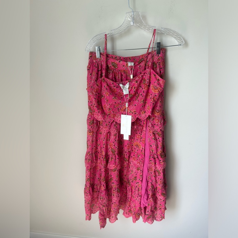 Caroline Constas Maxi Skirt and Crop Ruffle Eyelet Pink Floral Set